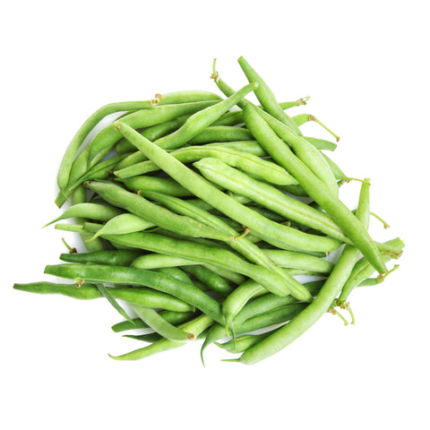 Freshly harvested green beans from 4Roots Farm Campus, resting in a rustic basket with their bright green color and crisp texture on full display.
