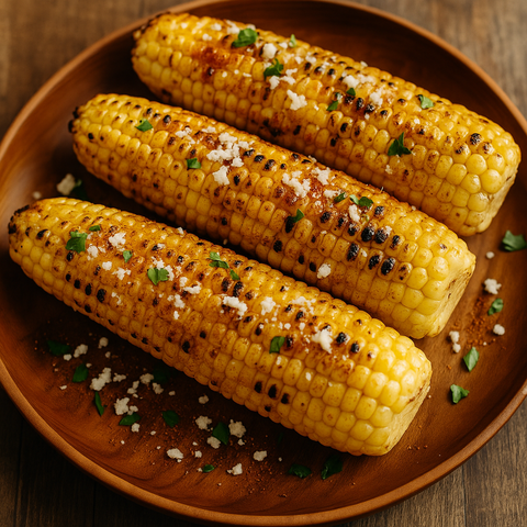 Grilled corn on the cob with golden char, brushed with butter and sprinkled with chili powder and cotija cheese