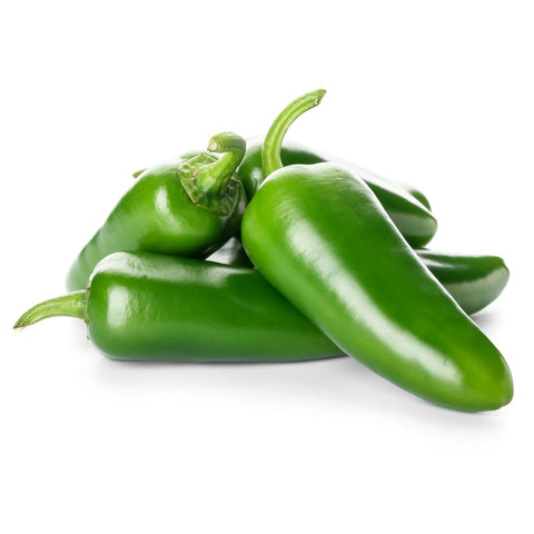 Close-up of fresh green jalapeños harvested at 4Roots Farm Campus, glistening in the sun with smooth, vibrant skin.