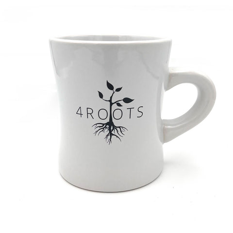 Stylish white mug with black 4Roots logo, depicting roots sprouting into a plant for a meaningful touch.