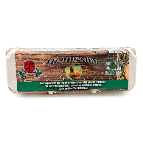Lake Meadow Naturals large brown eggs in a farm-fresh carton. Pasture-raised, high-quality eggs with rich flavor, perfect for cooking and baking.