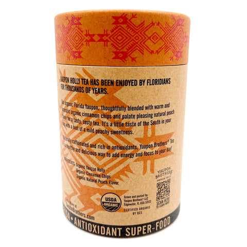 Package of Spiced Peach tea photographed on white – aromatic black tea with sweet peach notes, cloves, and a hint of ginger
