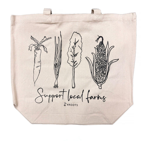 Natural canvas tote bag from 4Roots featuring local farm produce artwork and Support Local Farms text