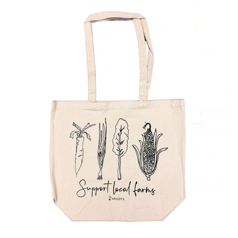 4Roots Support Local Farms reusable canvas tote bag with hand drawn vegetable illustrations