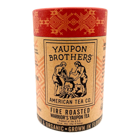Fire Roasted Warrior Tea in bold, earthy packaging on a white background – a smoky, robust herbal blend with roasted yaupon and grounding spices