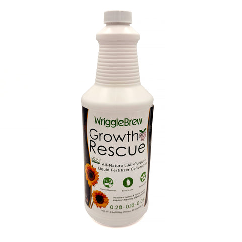 Bottle of Growth Rescue Liquid Fertilizer by WriggleBrew for healthy plant growth and soil support.
