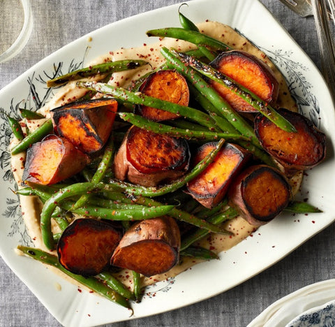 Blistered Green Beans & Sweet Potatoes With Tahini