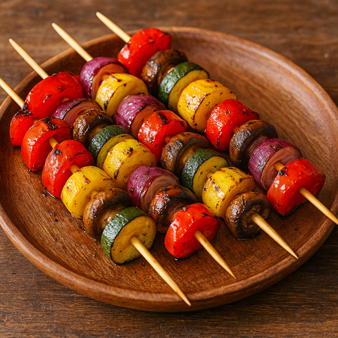 Grilled vegetable skewers with charred bell peppers, mushrooms, zucchini, squash, and red onion on a wooden plate