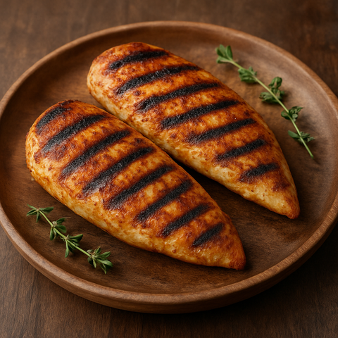 Juicy grilled chicken breasts with grill marks on a wooden plate, garnished with herbs and ready to serve