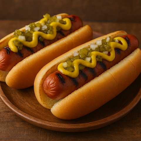 Grilled hot dogs with char marks in toasted buns, topped with mustard and relish on a wooden plate