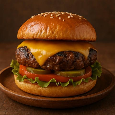 Juicy grilled burger with melted cheddar on a toasted bun, stacked with lettuce, tomato, and pickles on a wooden plate