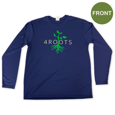 Dry fit navy blue long sleeve t-shirt featuring the 4Roots logo on the front, perfect for supporting local farms in style.