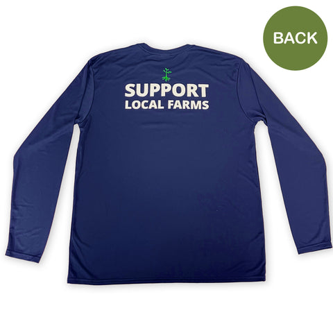 Dry fit navy blue long sleeve t-shirt featuring the slogan "Support Local Farm" on the back, perfect for supporting local farms in style.