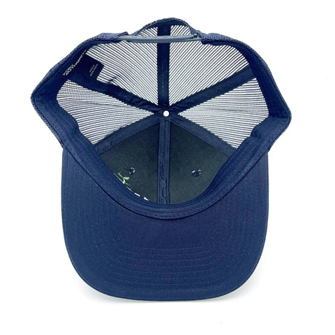 Underside view of the 4Roots Trucker Hat highlighting the navy blue interior, mesh back, and underside of the bill, showcasing premium construction and durable design.