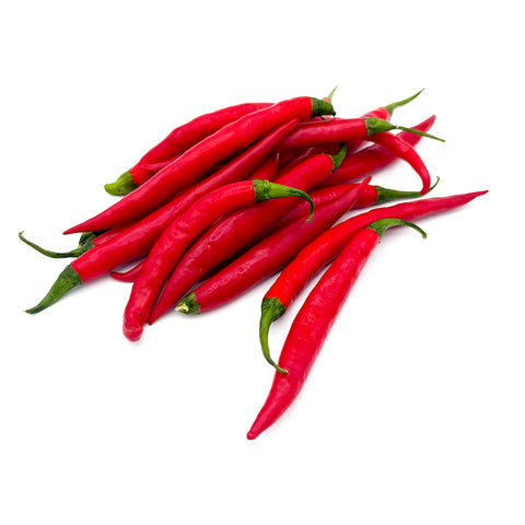 Fresh Thai Peppers displayed at an angle, showcasing their vibrant red color and smooth texture.