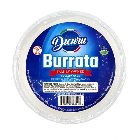 Fresh Burrata cheese from Dicuru Mozzarella with a tender mozzarella shell and creamy filling, perfect for adding elegance to any dish.