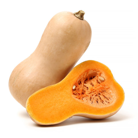 USDA Organic butternut squash sliced to reveal vibrant orange flesh and seed cavity, locally grown and ideal for roasting, soups, and meal prep.
