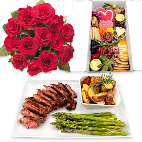 Valentine's Day Date Night Box – A romantic dinner for two featuring a premium New York Strip Steak, a beautifully curated charcuterie box with meat roses, heart-shaped cheeses, and locally sourced ingredients, plus a free dozen fresh roses. Perfect for an unforgettable at-home celebration. Limited availability – order now!