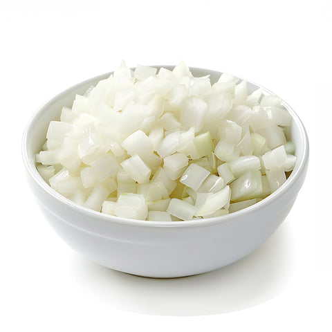 In-house diced organic onions made from local Florida-grown produce, ready to cook
