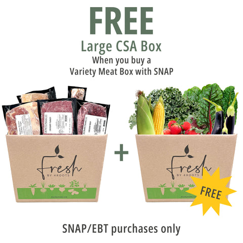 SNAP Food Saver Bundle: Free Large All Local CSA Box with purchase of Small Variety Meat Box using SNAP EBT card. Includes local meats and fresh Florida-grown produce.