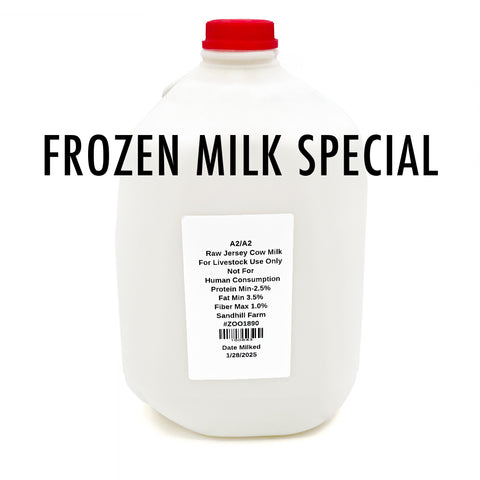 Frozen gallon of raw A2 Jersey cow milk in a sturdy, sealed plastic container. Rich and creamy, sourced from pasture-raised Jersey cows known for their easy-to-digest A2 protein. Ideal for storage and long-term freshness. Perfect for those seeking high-quality, natural dairy.