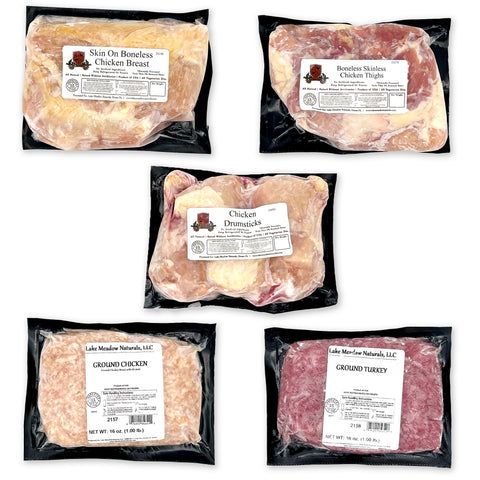 Free Range Poultry Box from Lake Meadow Naturals featuring premium cuts of ethically raised poultry. Includes ground turkey, ground chicken, drumsticks, thighs, and breast meat—perfect for creating healthy, flavorful meals. Enjoy sustainably sourced, high-quality meat straight from trusted farms to your table.