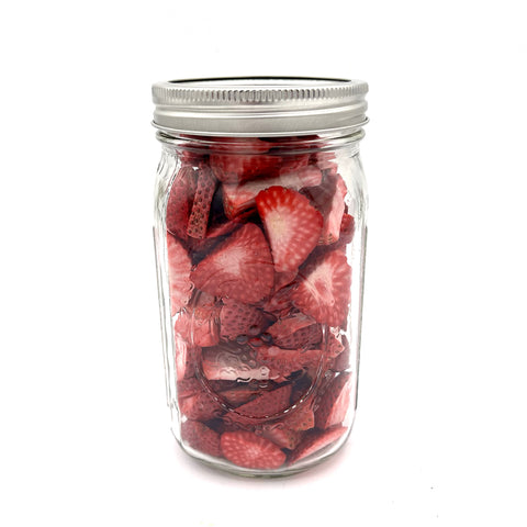Jar of 4Roots Freeze-Dried Strawberries, organically grown on Florida farm, crunchy and sweet snack, perfect for baking, cereal, yogurt, and healthy snacking