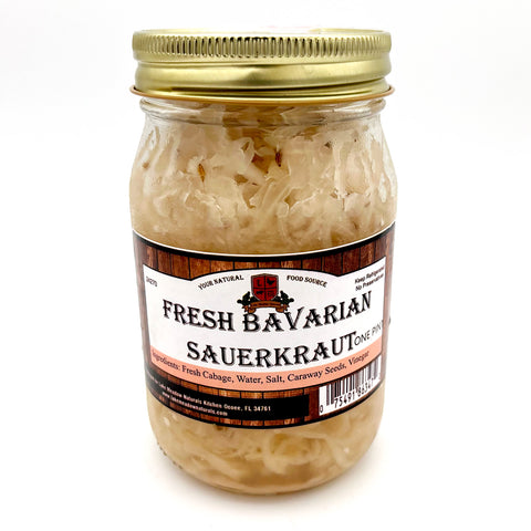 Lake Meadow Naturals Fresh Bavarian Sauerkraut jar front view with authentic Bavarian-style label, showcasing premium sauerkraut.