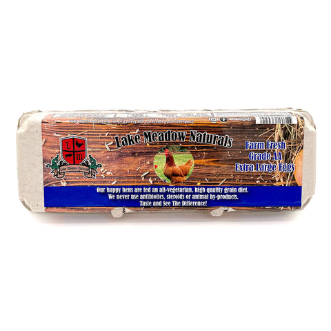 Lake Meadow Naturals extra-large brown eggs in eco-friendly packaging. Pasture-raised, nutritious eggs with golden yolks, great for hearty meals and baking.