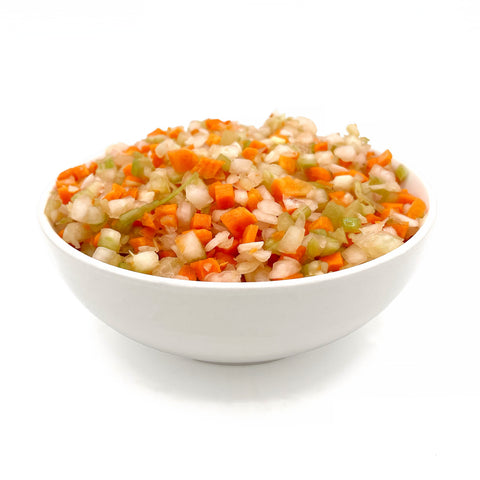 In-house made organic Mirepoix with chopped local carrots, celery, and onions from Fresh by 4Roots