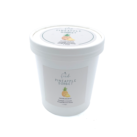 Pineapple sorbet made with real pineapple, orange blossom honey, and fresh lime juice