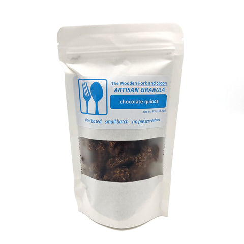 Chocolate Quinoa Artisan Granola by Wooden Fork and Spoon – a delicious fusion of rich chocolate and crunchy quinoa, made with plant-based ingredients in small batches. No preservatives, perfect for a healthy and satisfying snack.