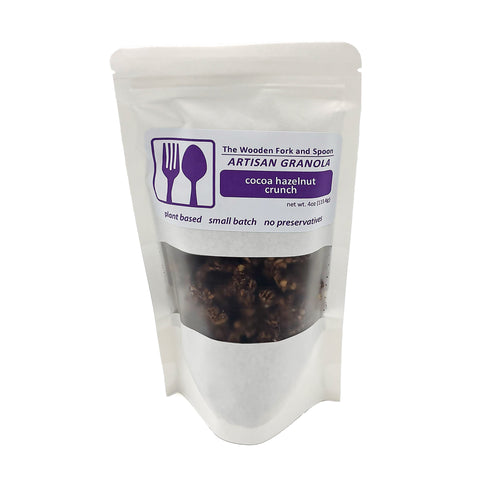 Cocoa Hazelnut Crunch Artisan Granola by Wooden Fork and Spoon – a rich, chocolatey blend with crunchy hazelnuts, made in small batches with plant-based ingredients. No preservatives for a wholesome, guilt-free snack.