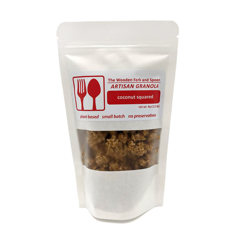 Coconut Squared Artisan Granola by Wooden Fork and Spoon – a plant-based, small-batch granola bursting with rich coconut flavor. Made with no preservatives for a pure, delicious, and healthy snack option.