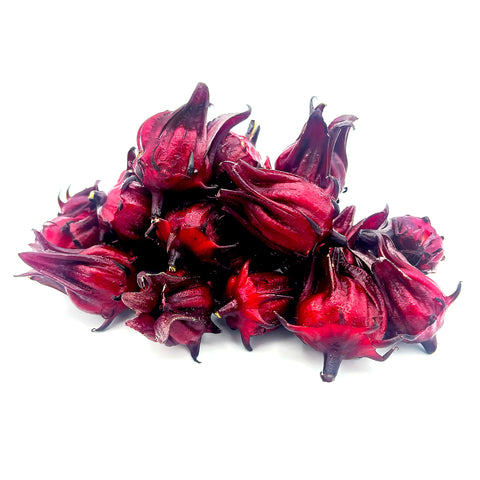 Freshly harvested Roselle Hibiscus Calyces with vibrant ruby-red color, locally grown in Orlando, Florida – perfect for hibiscus tea, jams, and sauces.