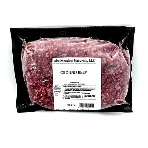 1 LB pack of 100% grass-fed ground beef from Lake Meadow Naturals, showcasing fresh, high-quality beef free from hormones and antibiotics.