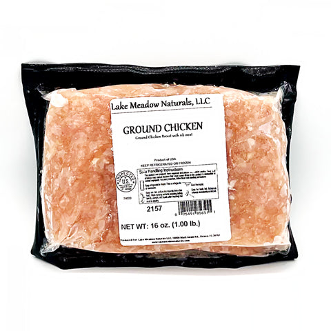 1 lb pack of ground chicken from Lake Meadow Naturals in Ocoee, FL. Made from free-range, pasture-raised white meat with no antibiotics or hormones, showcasing high-quality, locally-sourced ingredients.