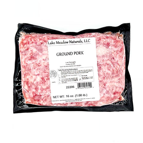 1 lb package of locally raised ground pork from Lake Meadow Naturals in Ocoee, FL. Expertly sourced and frozen for convenience, offering quality and flavor from community-supported ingredients.