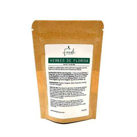 Herbes de Florida seasoning blend crafted by Fresh by 4Roots with locally grown Florida herbs including thyme, rosemary, basil, lavender, parsley and marigold