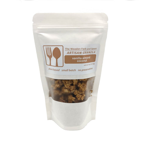 Vanilla Almond Coconut Artisan Granola by Wooden Fork and Spoon – a flavorful blend of smooth vanilla, crunchy almonds, and coconut, made with plant-based ingredients and no preservatives. Perfect for a healthy, small-batch snack.